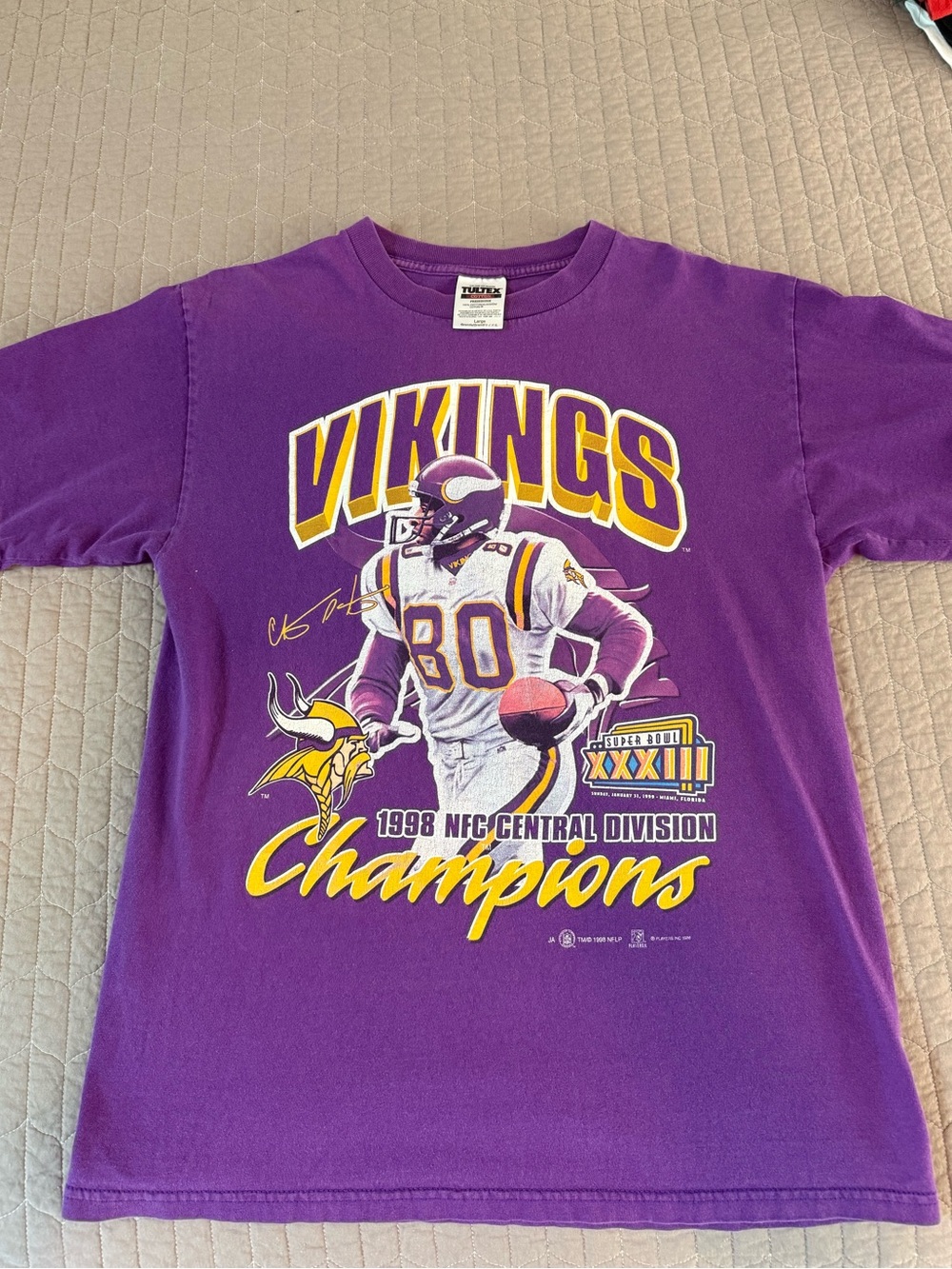 FOUR Vintage 100% CottonPurple Graphic Sports Teeswith Yellow and White Accents